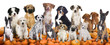 Big group of dogs sitting on pumpkins