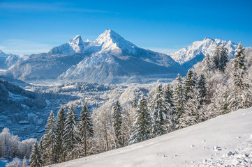 Wall Mural - town of berchtesgaden with watzmann mountain in winter, bavaria
