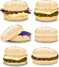Illustration Of Six Assorted Breakfast Biscuit Sandwiches. 