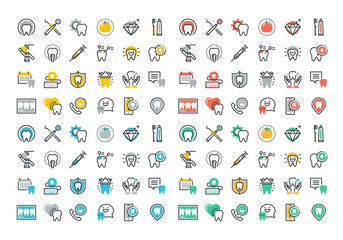 Poster - flat line colorful icons collection of dental services, equipment and products for dental care, onli