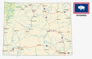 Wall Mural - wyoming road map with flag