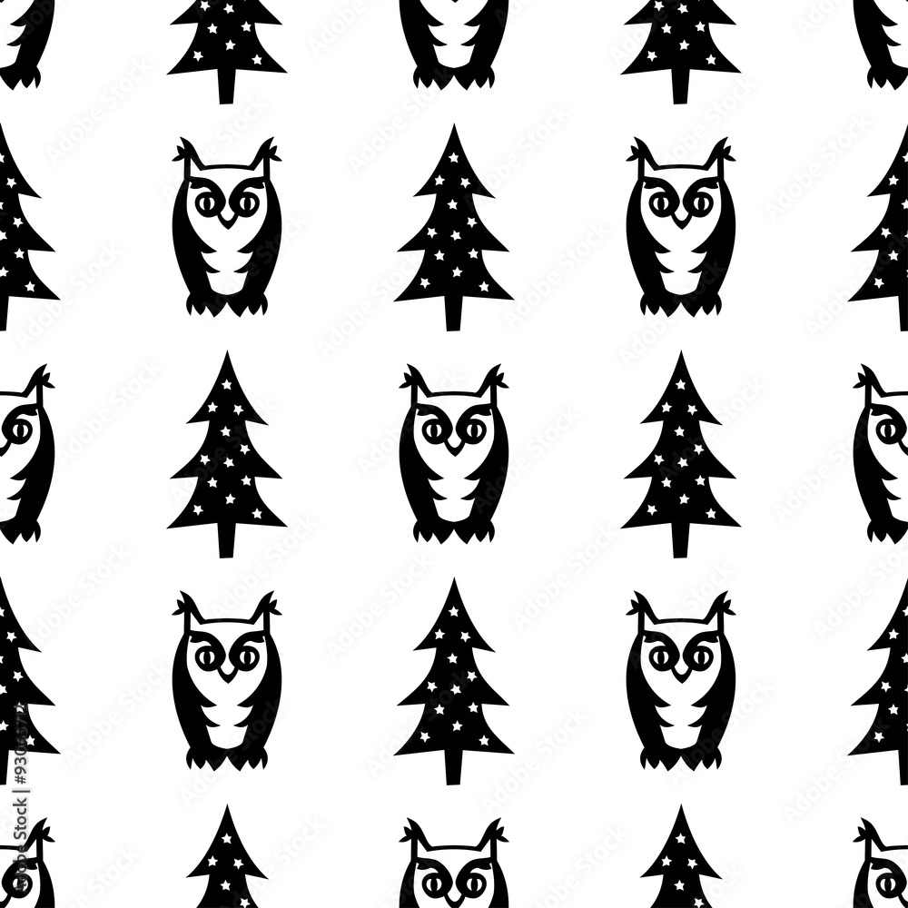 czarno-bialy-wzor-zima-bez-szwu-swieta-drzewa-i-sowy-ilustracja-las-zimowy
