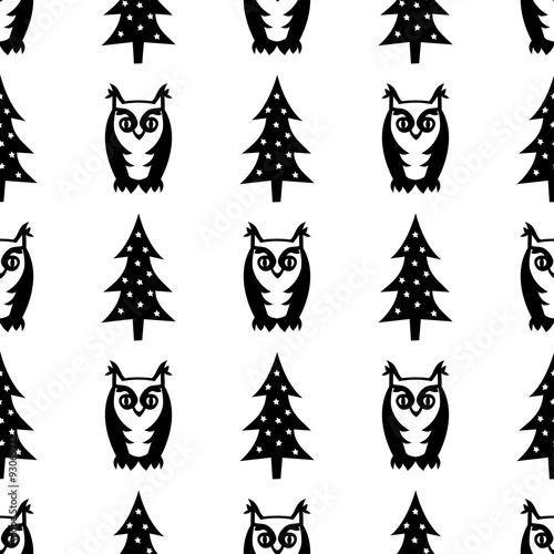 czarno-bialy-wzor-zima-bez-szwu-swieta-drzewa-i-sowy-ilustracja-las-zimowy