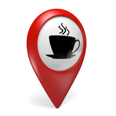 3D red map pointer icon with a hot drink symbol for cafes and coffee shops