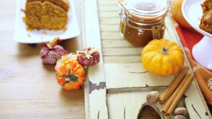 Wall Mural - Homemade pumpkin butter with pumpking bread on the table