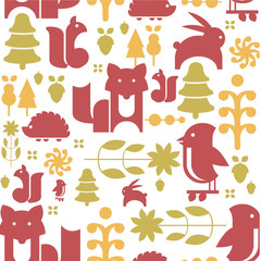 Sticker - Autumn Plants and Animals in Flat Style Seamless Pattern