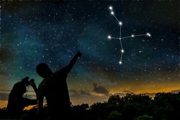 Wall Mural - cygnus or swan constellation on night sky. astrology concept. silhouettes of adult man and child obs