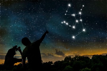 Wall Mural - hercules constellation on night sky. astrology concept. silhouettes of adult man and child observing