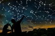 Astrology concept. Constellations on night sky. Silhouettes of astrologers observing zodiac constellation.