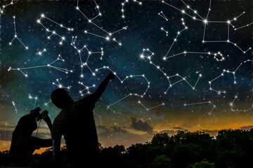astrology concept. constellations on night sky. silhouettes of astrologers observing zodiac constell