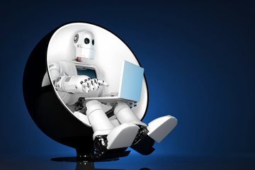 Poster - Robot sitting on a chair and holding a laptop. Contains clipping path