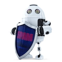 Poster - Robot with the shield. Spam protection concept. Isolated. Contains clipping path