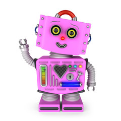 Pink vintage toy robot girl with head tilted to the side smiling and waving hello over white background