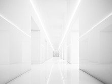 White Hallway In Empty Interior. Lights And Space. 3d Render