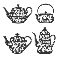 Wall Mural - Set of tea pot silhouettes with quotes.