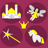 Fototapeta Dinusie - A set with castle, unicorn, fairy and crown