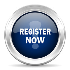 Poster - register now cirle glossy dark blue web icon on white background
