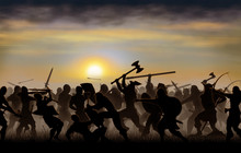 Silhouettes Fighting Warriors Are Seen Against The Background Of The Rising Sun 
