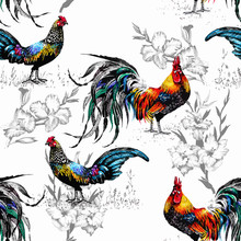 Seamless Watercolor Pattern With Farm Roosters Silhouettes And