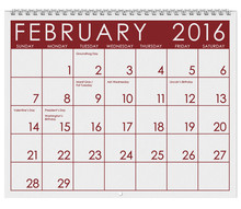 2016 Calendar: Month Of February With Valentine's Day