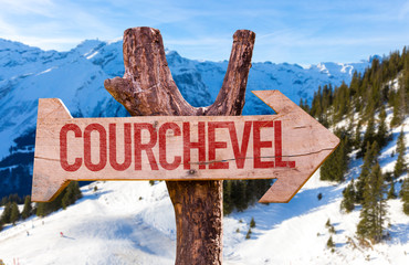 courchevel wooden sign with winter background