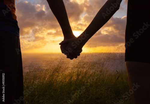 Fotografering Couple holding hands looking at the sunset