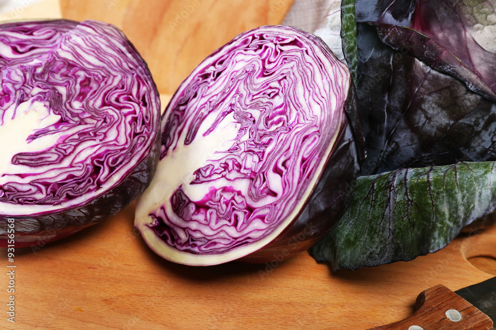 Red cabbage on wooden table