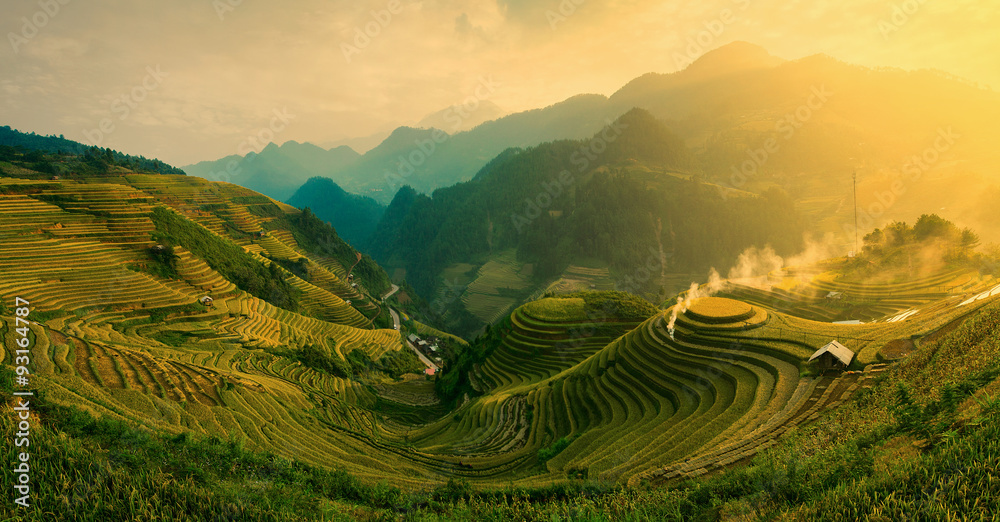Rice fields on terraced of Mu Cang Chai , Vietnam. - obrazy, fototapety, plakaty 
