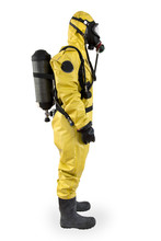 Chemist In A Protective Suit And Breathing Apparatus Isolated Under The White Background