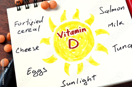 Fotografie, Obraz Notepad with vitamin d and pills on the table.