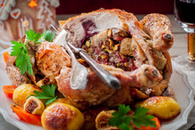 Christmas Chicken Stuffed With Bacon, Pistachio, Fig And Bread