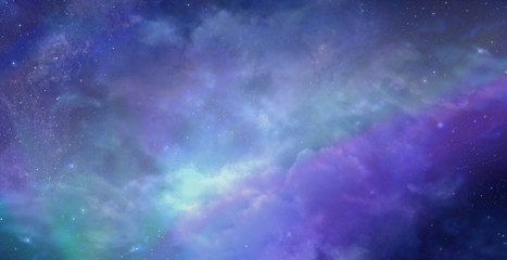 Wall Mural - Beautiful Heavens Above background  - Deep space wide blue banner showing cloud formation, planets, stars and ethereal coloring 