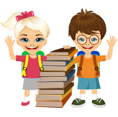 Wall Mural - portrait of cute schoolboy and schoolgirlbooks