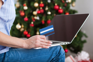 Wall Mural - Woman shopping online with credit card for christmas