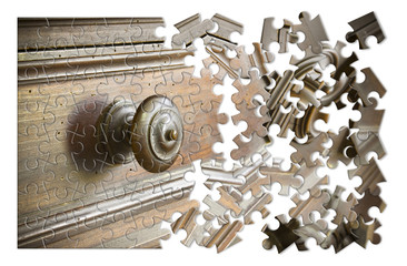 Wall Mural - Repair your old furniture: concept image.
Old Italian furniture in shape of puzzle on white background