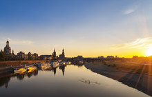 Germany, Saxony, Dresden, Historic Old Town And Elbe River At Sunset