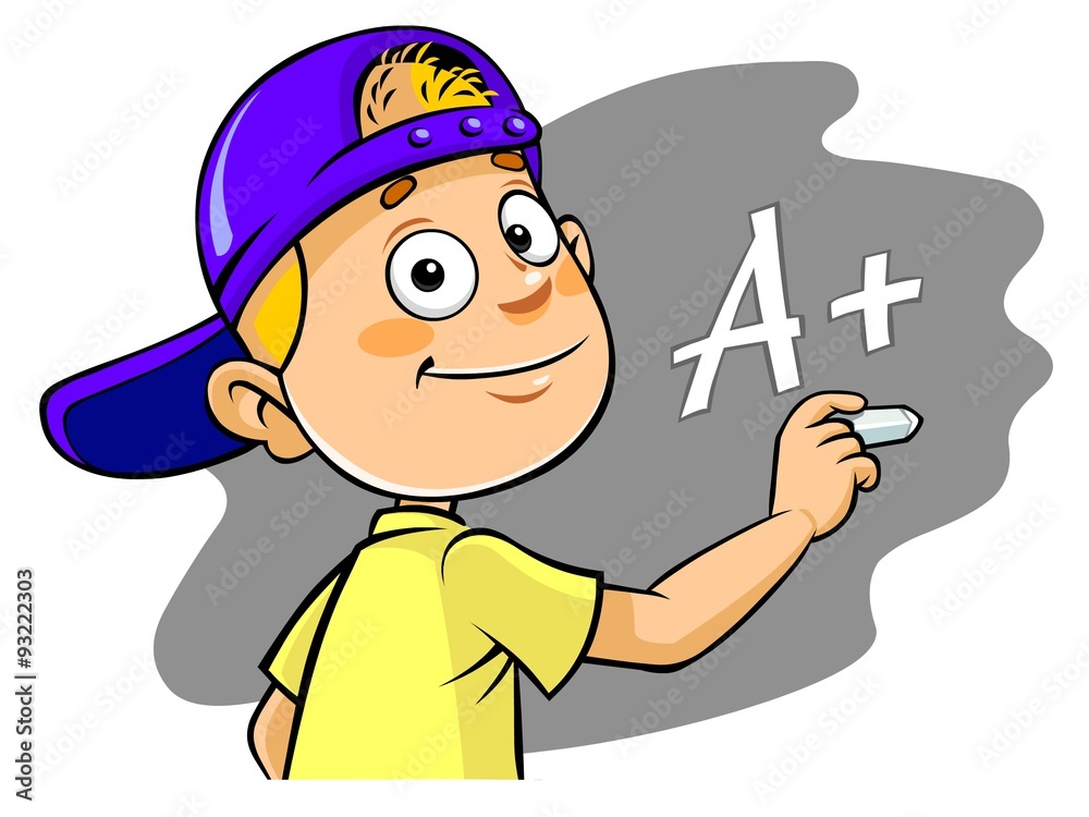 Cartoon kid writing A+ grade Stock Illustration | Adobe Stock
