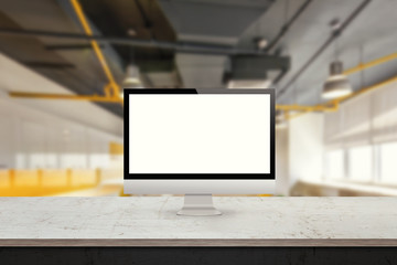 Poster - computer monitor on the desk office interior in the background display mock up