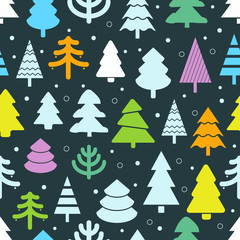 Poster - Abstract color christmas trees seamless background. Design eleme