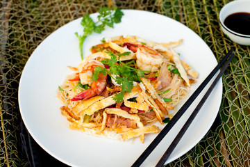 Wall Mural - Stir fried noodles with eggs and shrimps