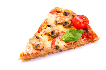 Wall Mural - Slice of tasty pizza with vegetables and basil isolated on white