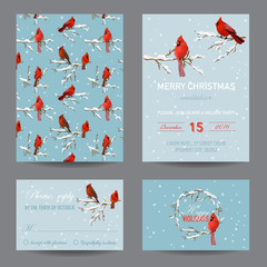 Wall Mural - Christmas Winter Birds - Invitation or Greeting Card Set