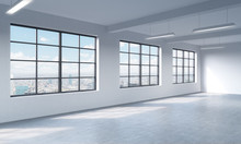Loft Style Open Space Can Be Used Wether Office Space Or Residential One. 3D Rendering. Huge Windows. White Walls. New York City View.