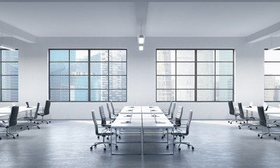 Wall Mural - A conference room or corporate workplaces equipped by modern laptops in a modern panoramic office in Singapore. Black leather chairs and a white table. 3D rendering.