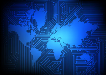 Fototapete - Vector : Electronic circuit on world map on blue background