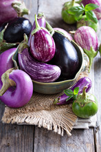 Eggplants Of Different Variety On The Table