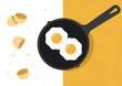 fried eggs in a frying pan and egg shell in the background illustration vector