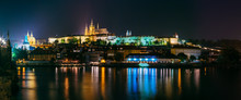 Night Panoramic View Of Prague Cityscape, Czech Republic