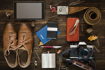 Wall Mural - things for travel on wooden table
