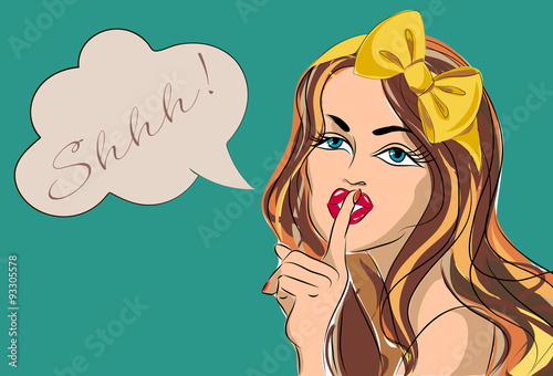 Obraz w ramie Shhh bubble pop art woman face with finger on lips Silence Gesture